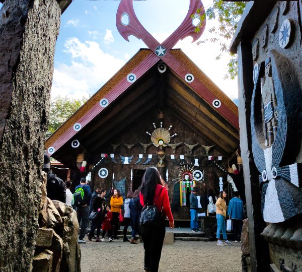 Tourists exploring a traditional Naga morung with intricate wooden carvings, shields, and cultural artifacts in Nagaland, India.